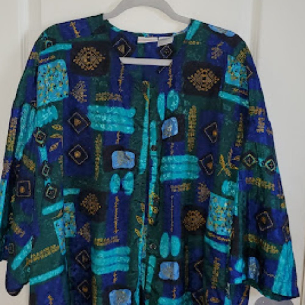 Simply Basic One Size Fits All Blue/Green/Yellow Tribal Print Shirt Dress